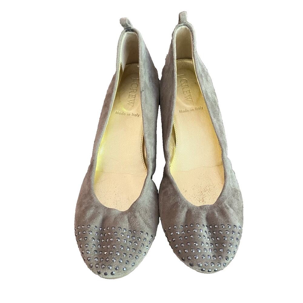 J. Crew Italy Anya Ballet Flats Women’s 6 Crystal Cap Toe Suede Slip On Taupe